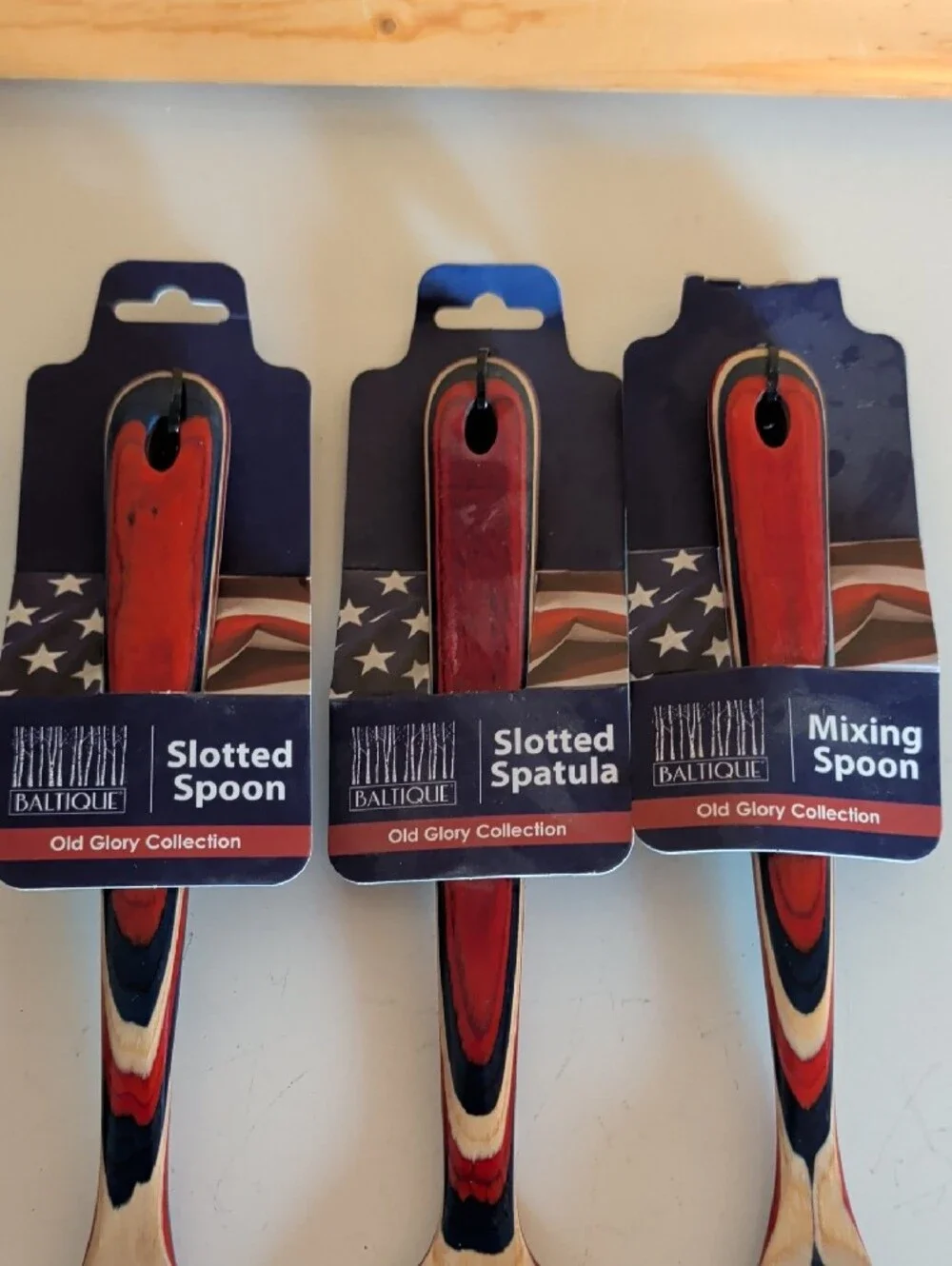 NWT. Old Glory Collection Red Navy Striped Wooden Kitchen Utensils Set - 3pc
